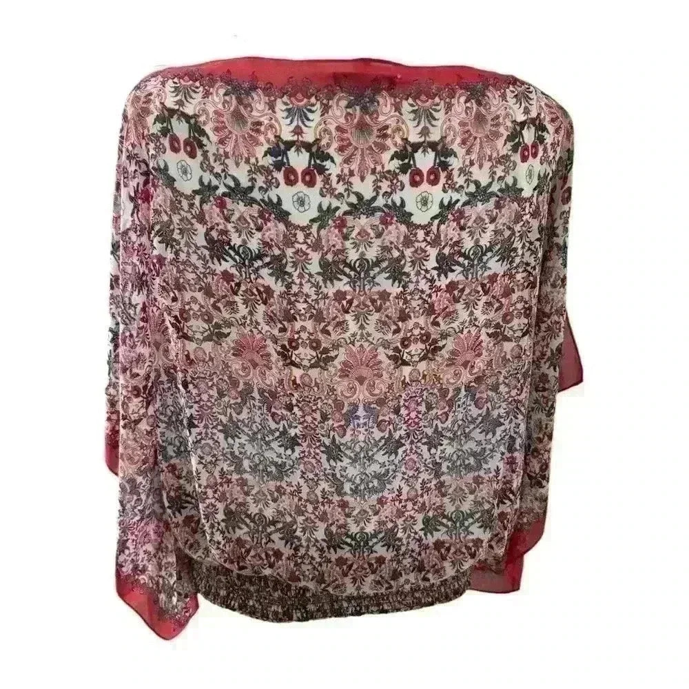 Max Studio Floral Batwing Chiffon Blouse - Red Trim Sheer Top, Size XL, NWT - Picture 2 of 4